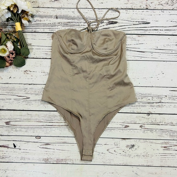 Zara Satin Effect Bustier Corset Bodysuit Beige Sweetheart champagne NWT - Picture 2 of 3